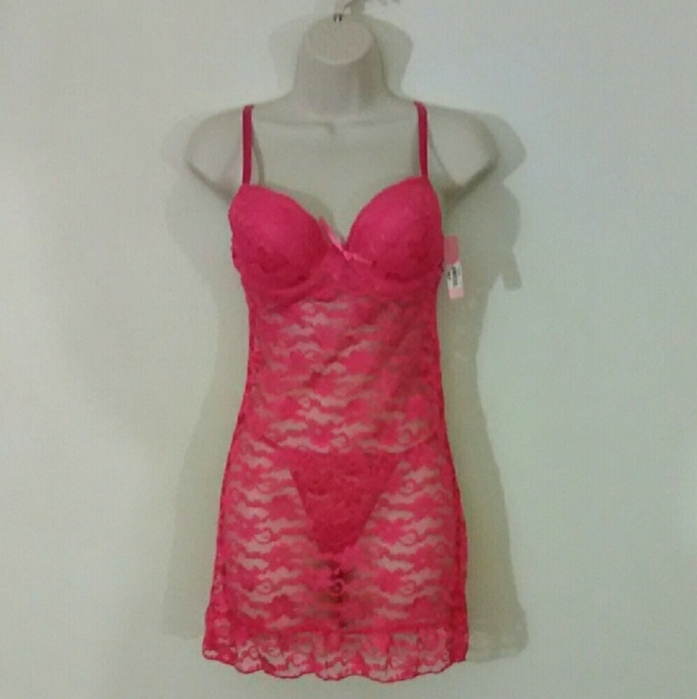 New Hot Pink Lace Lingerie Chemise Set
